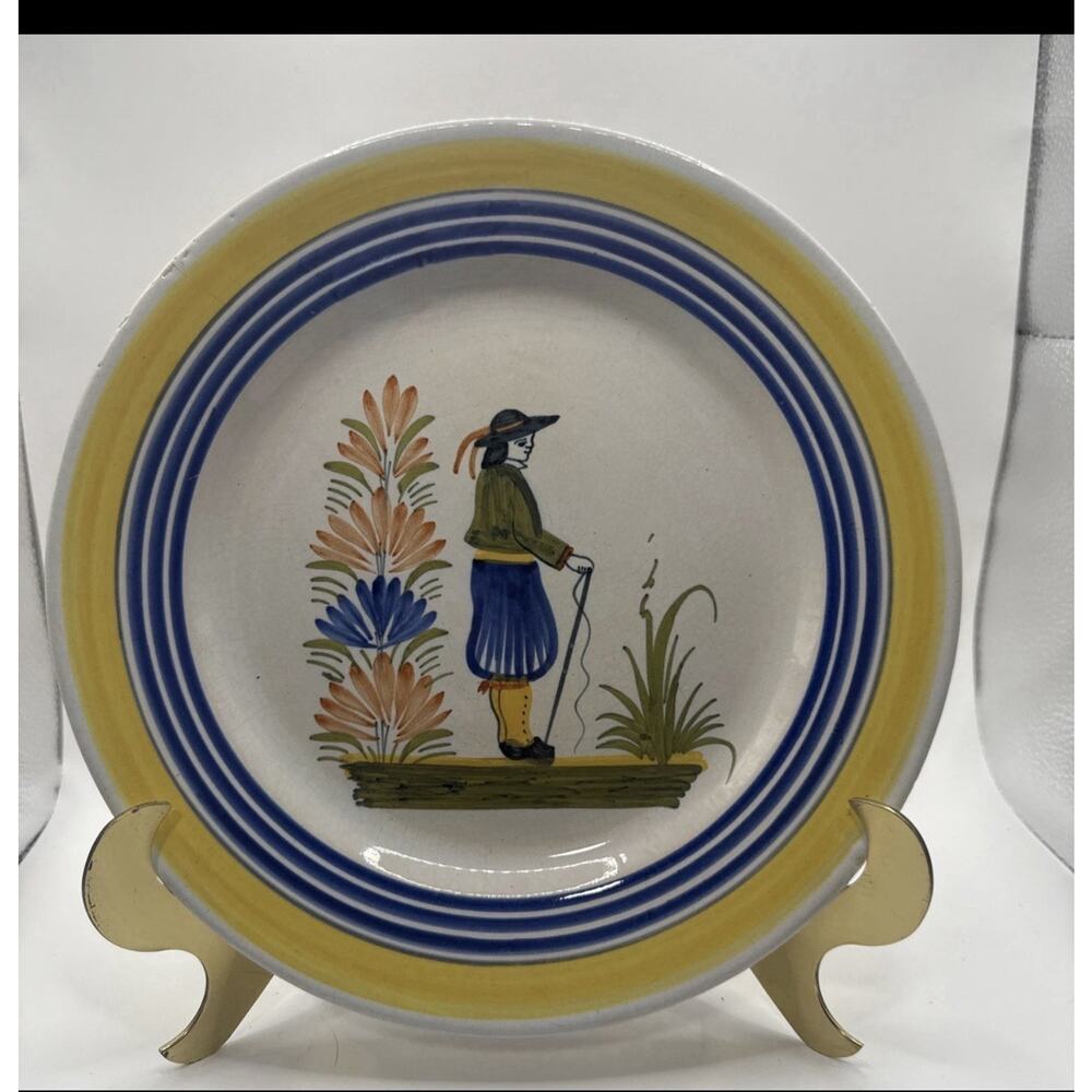 Vintage Henriot Quimper French Faience Breton Woman Floral Pottery Dish Bowl